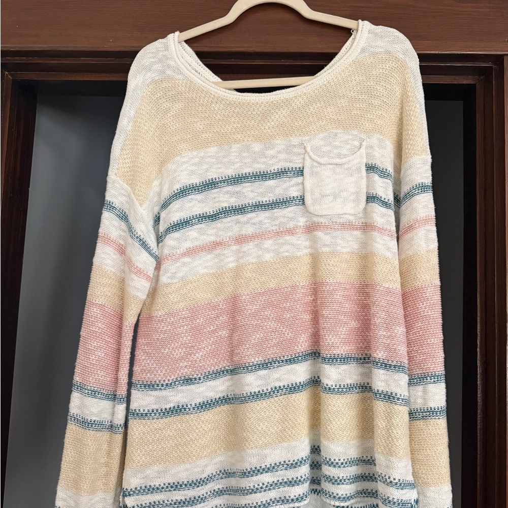 Hem & Thread Cream and Pink Crew Neck Sweater